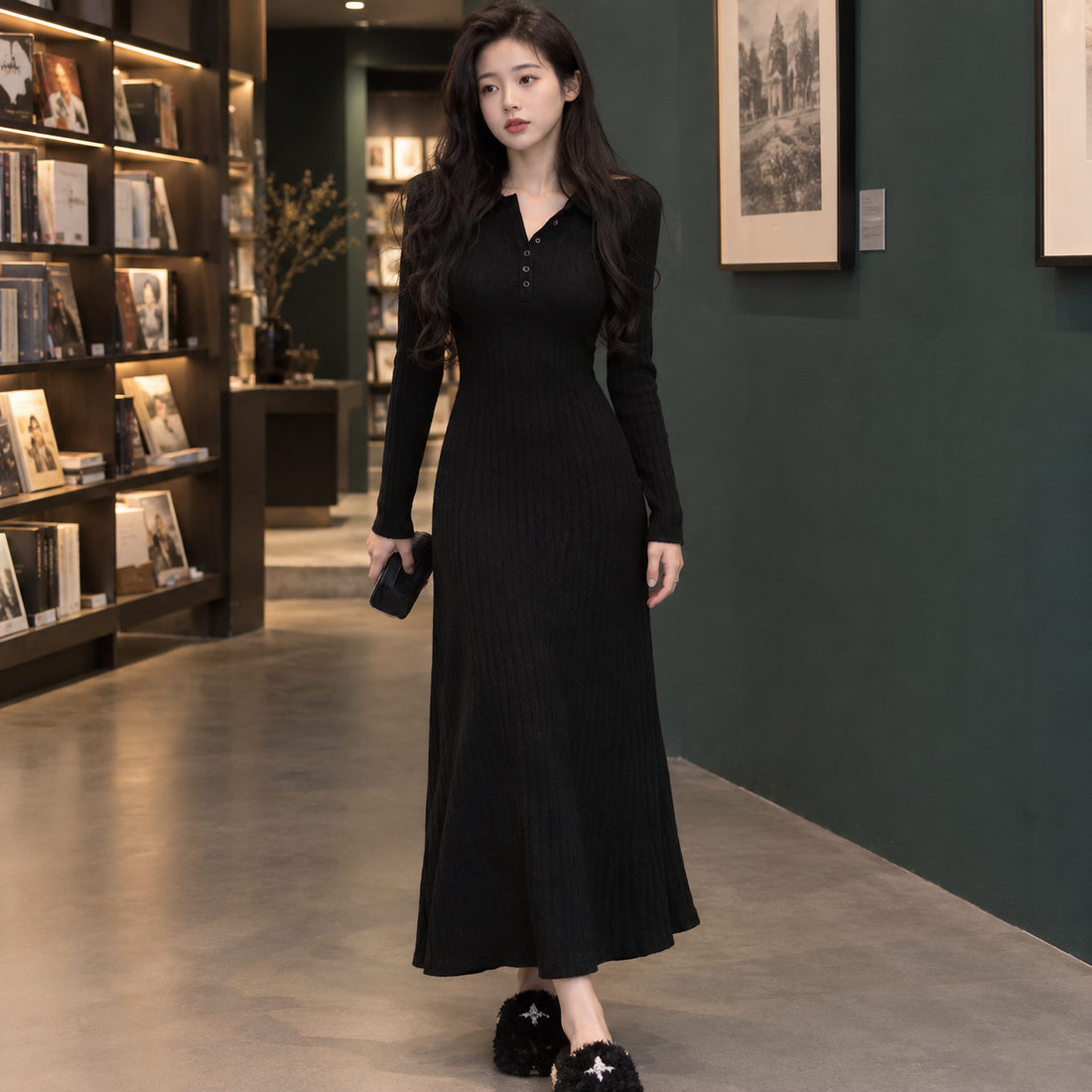 Astrid-Jade Ribbed Maxi Dress - Black