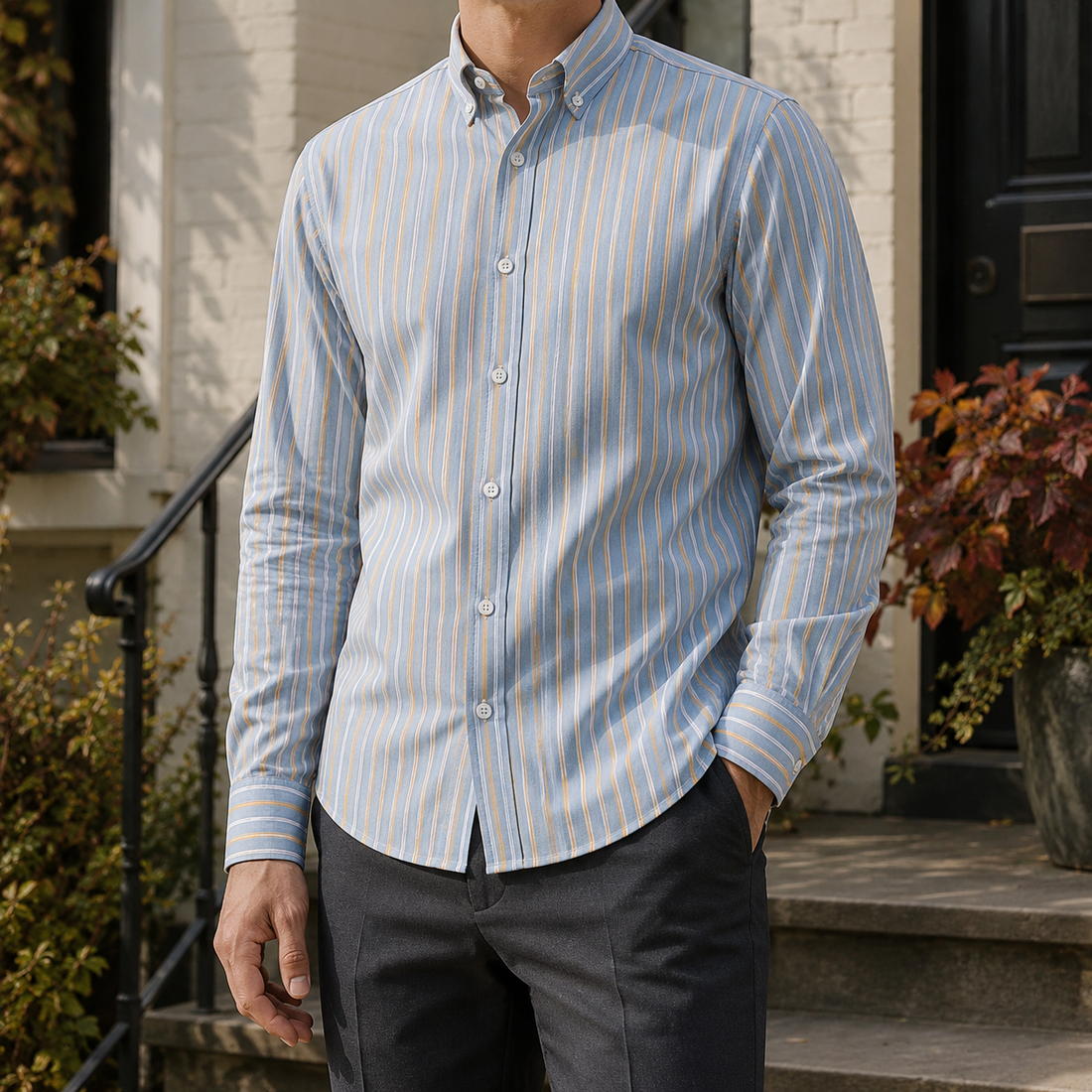 Forrester Button-Down Shirt - Light Blue And Orange Stripe