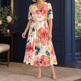 Francesca-Kate Watercolor Midi Dress - White Multicolor Floral
