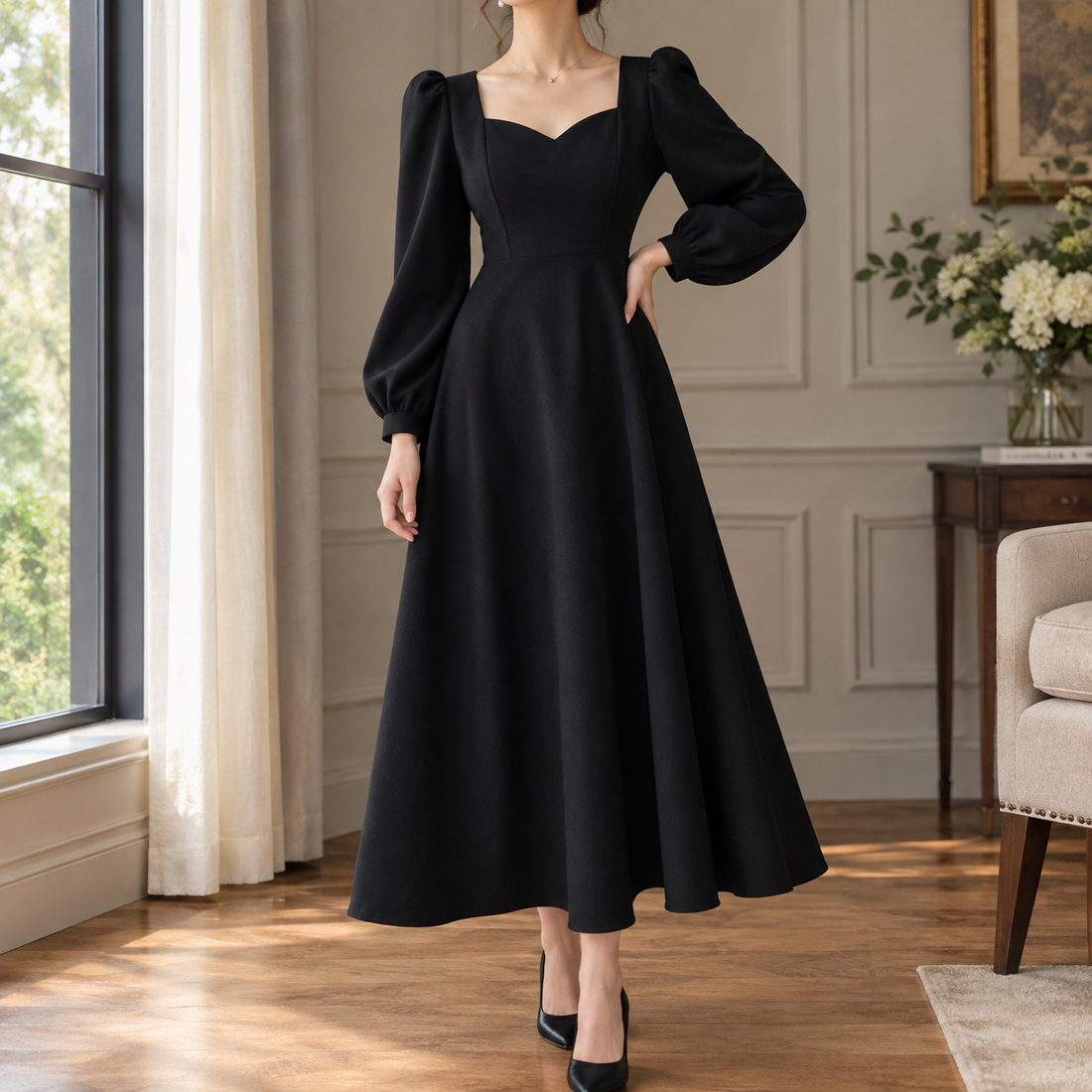 Idalia Sweetheart Midi Dress - Black