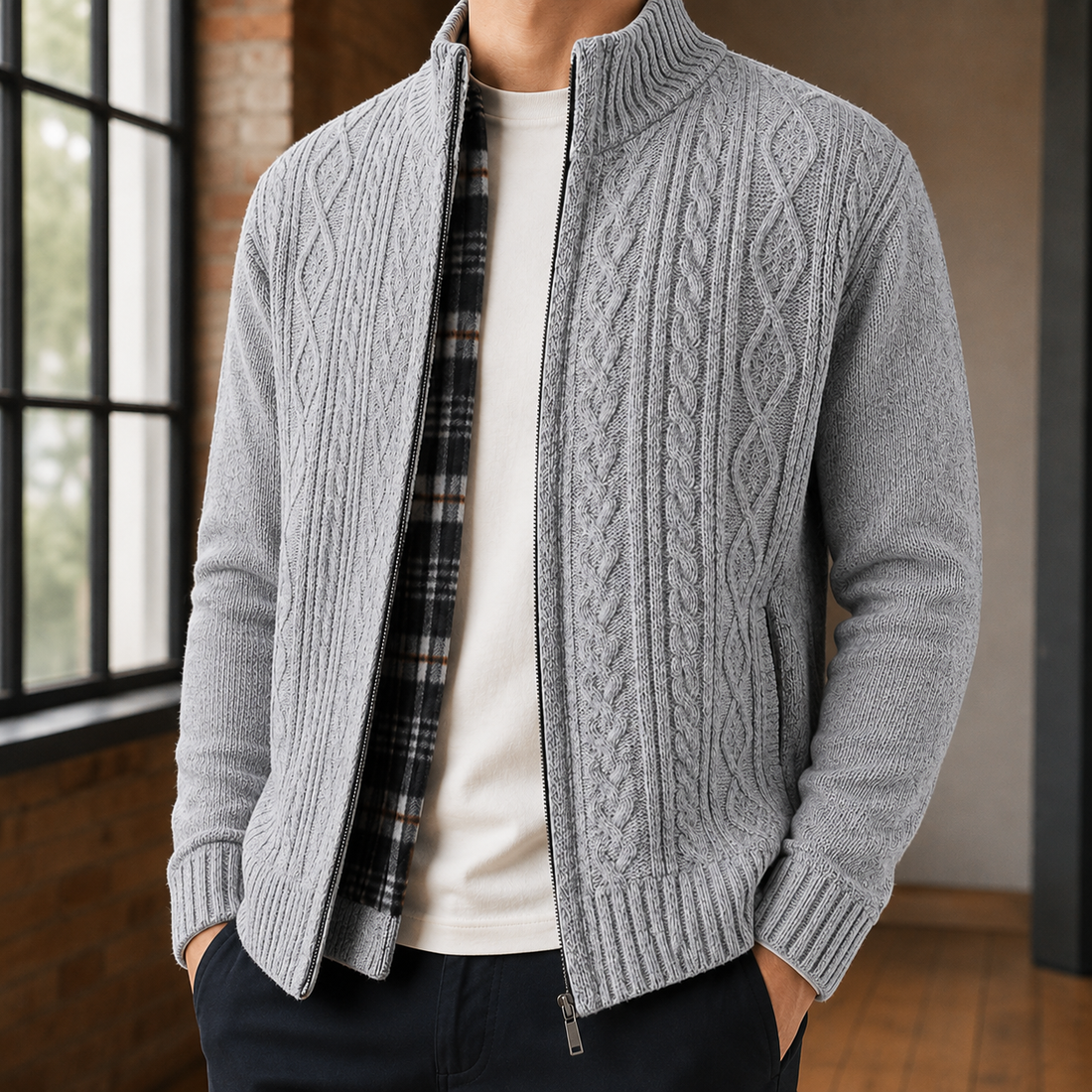 Tristan Cable Knit Cardigan - Light Gray