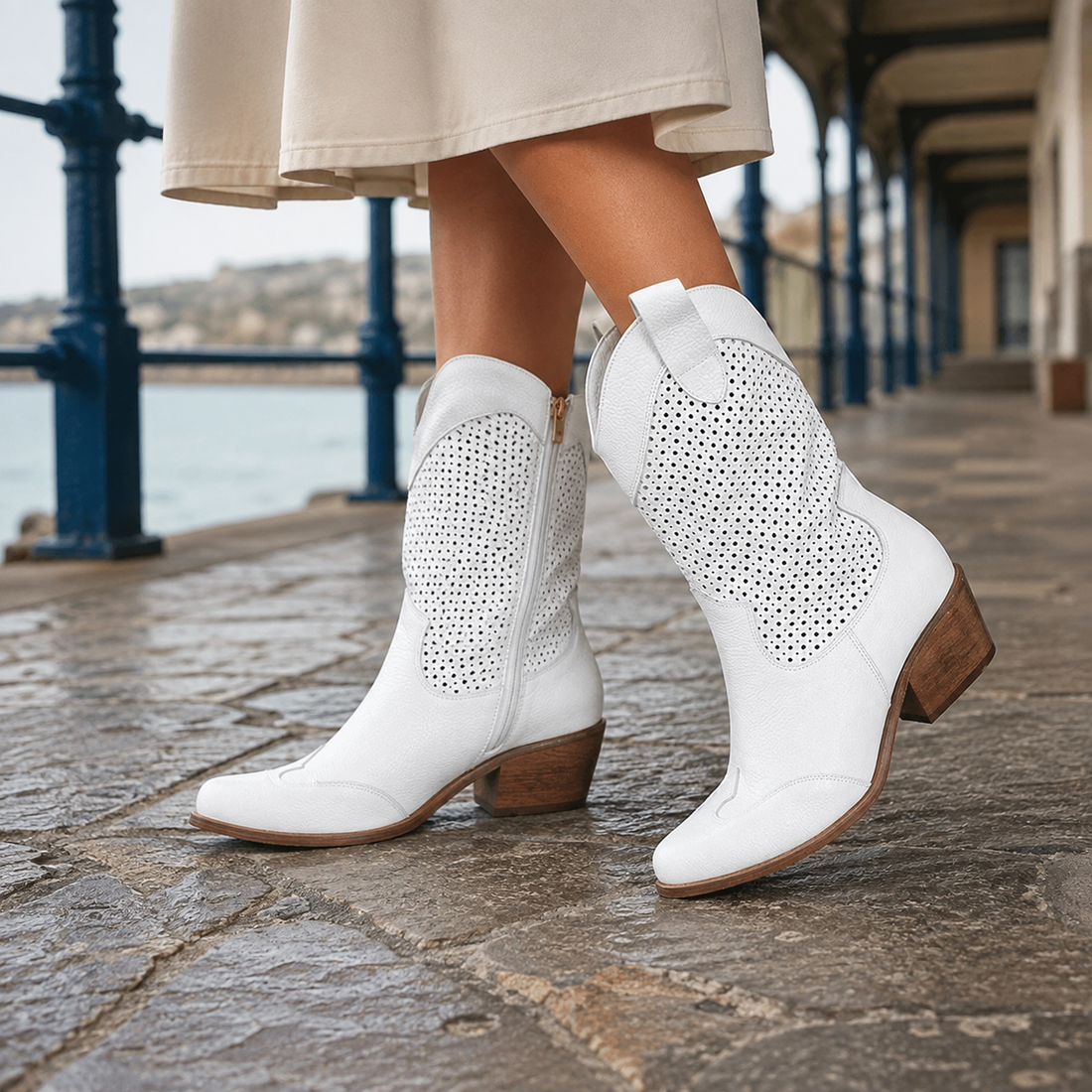 Terenzi Perforated Cowboy Boots - White