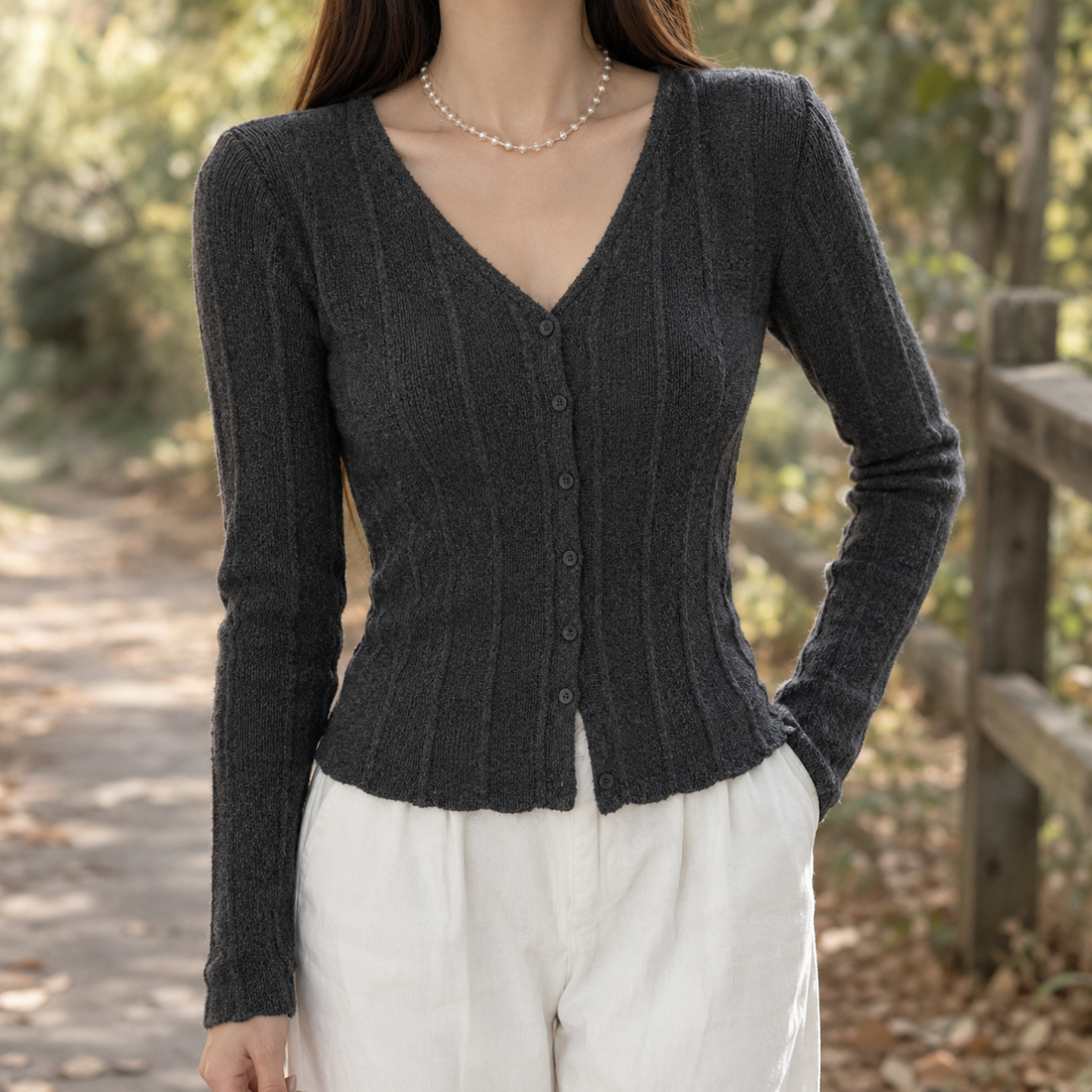 Elle-Pearl Ribbed Cardigan - Gray