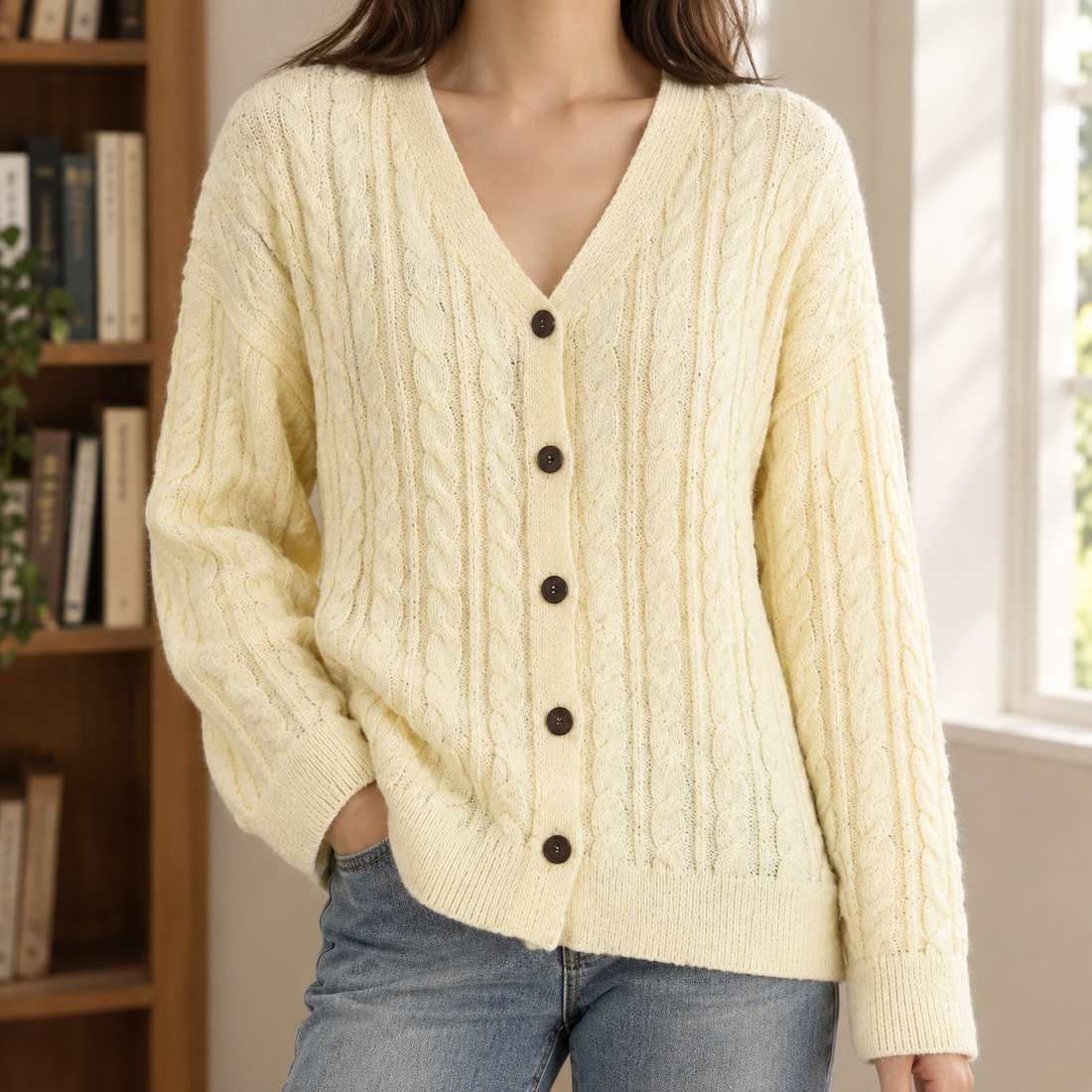 Wendy-Elise Cable Knit Cardigan - Yellow