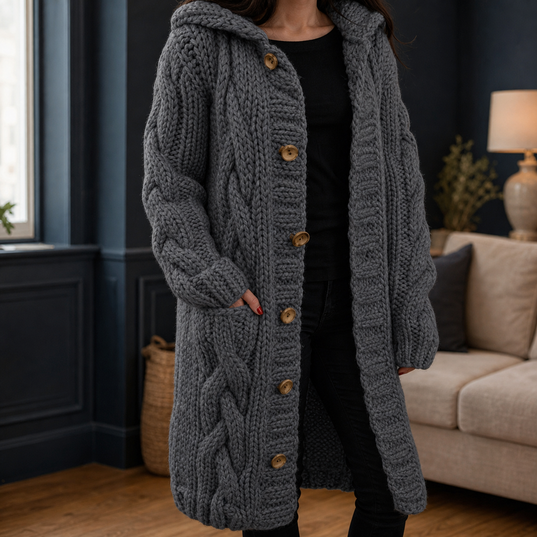 Bethany Cable Knit Cardigan - Dark Gray
