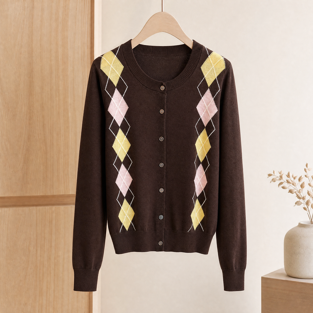 Romy-Belle Argyle Cardigan - Brown