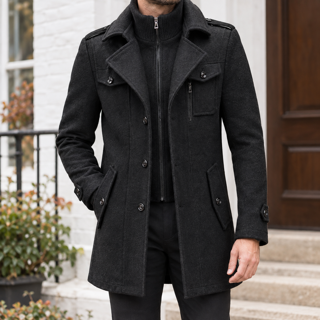 Evan Double Collar Coat - Black