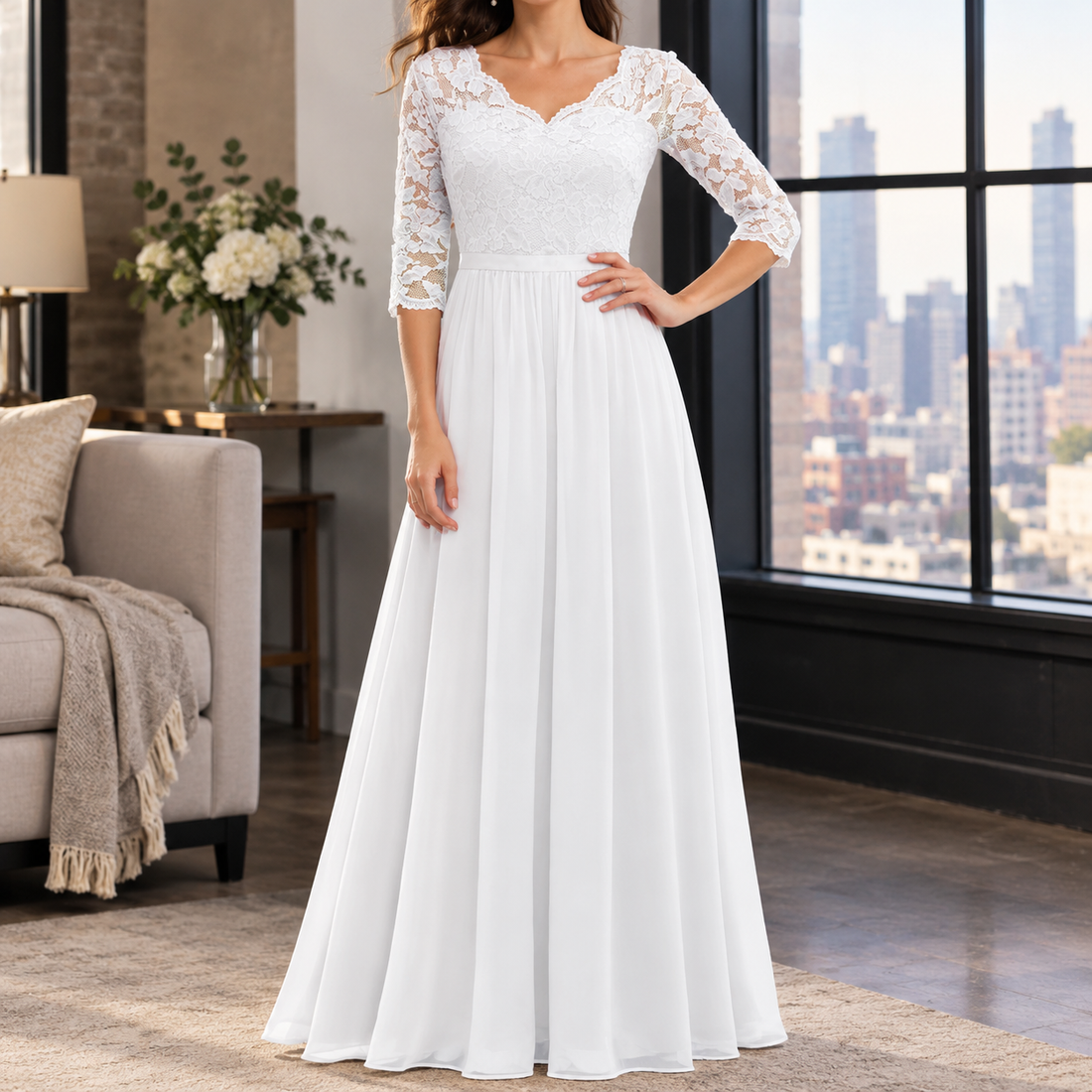 Joanna Lace Maxi Dress - Three-quarter White