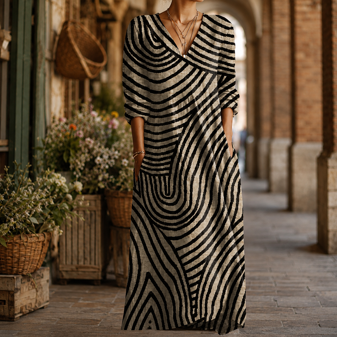Lorelei Abstract Maxi Dress - Black And Beige