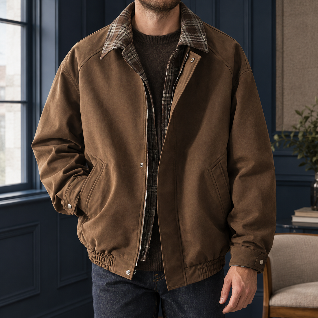Jude Plaid Trim Jacket - Brown
