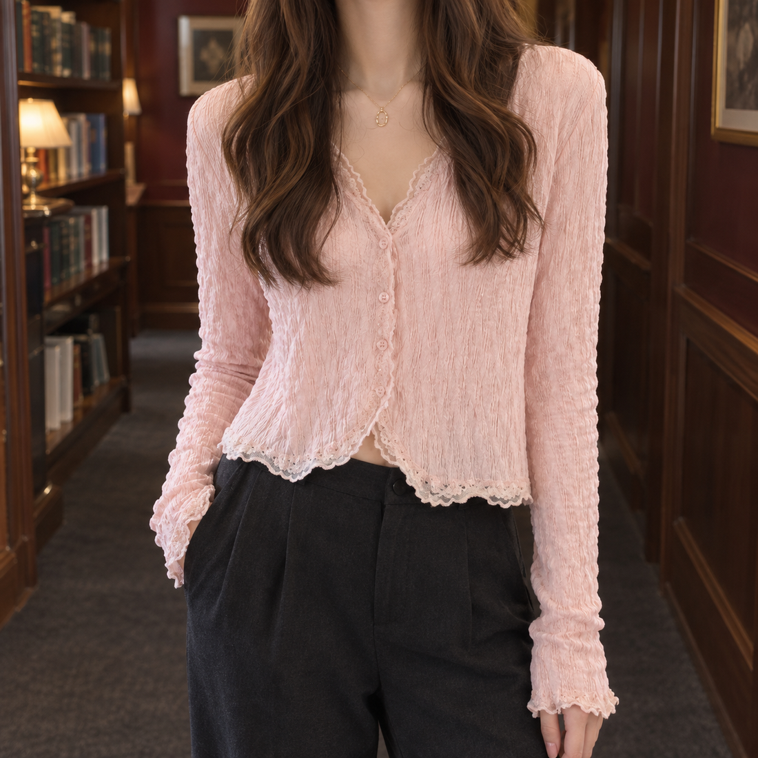 Ameline-Lane Lace Trim Blouse - Pink