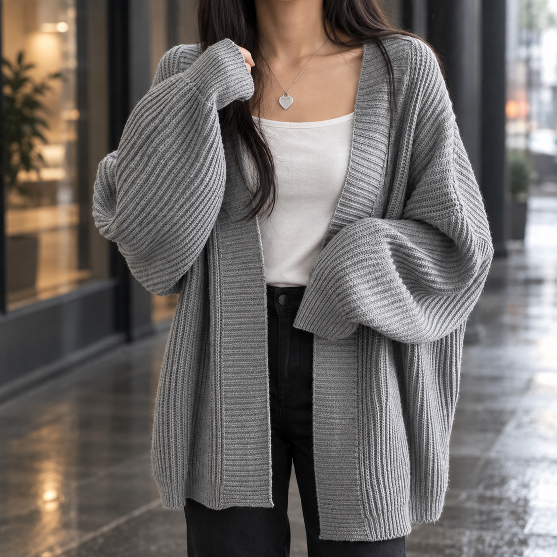 Megan Ribbed Cardigan - Gray