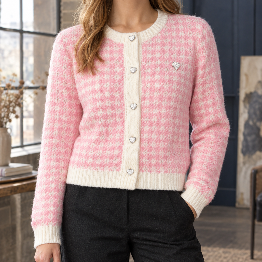 Alina-Rose Houndstooth Cardigan - Powder