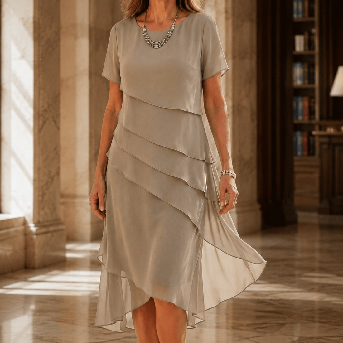 Portia Cascade Dress - Beige