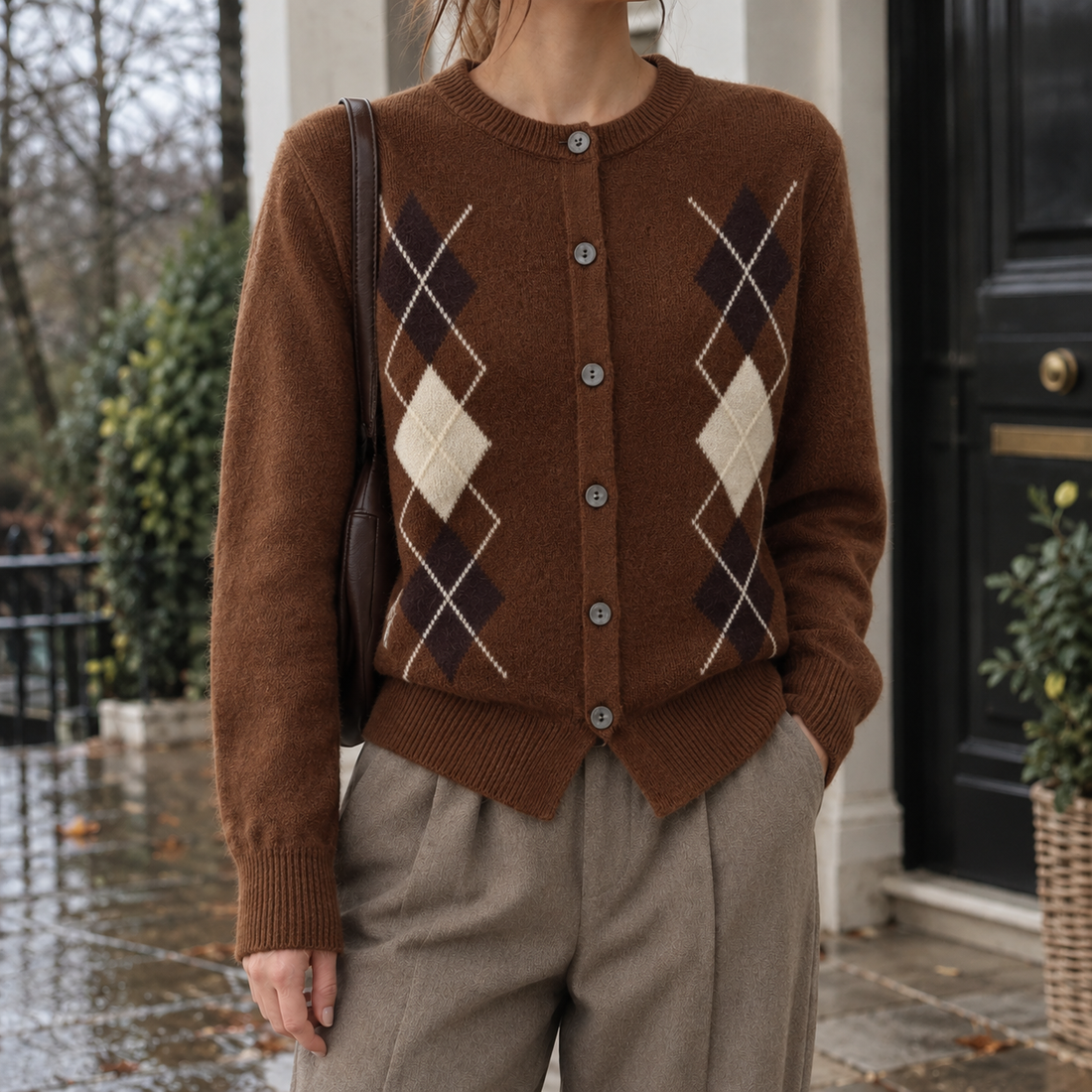 Valeria-Sage Argyle Cardigan - Brown