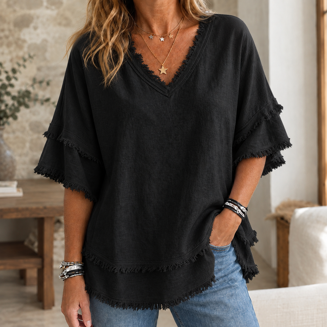 Kiera-Rae V Neck Top - Black