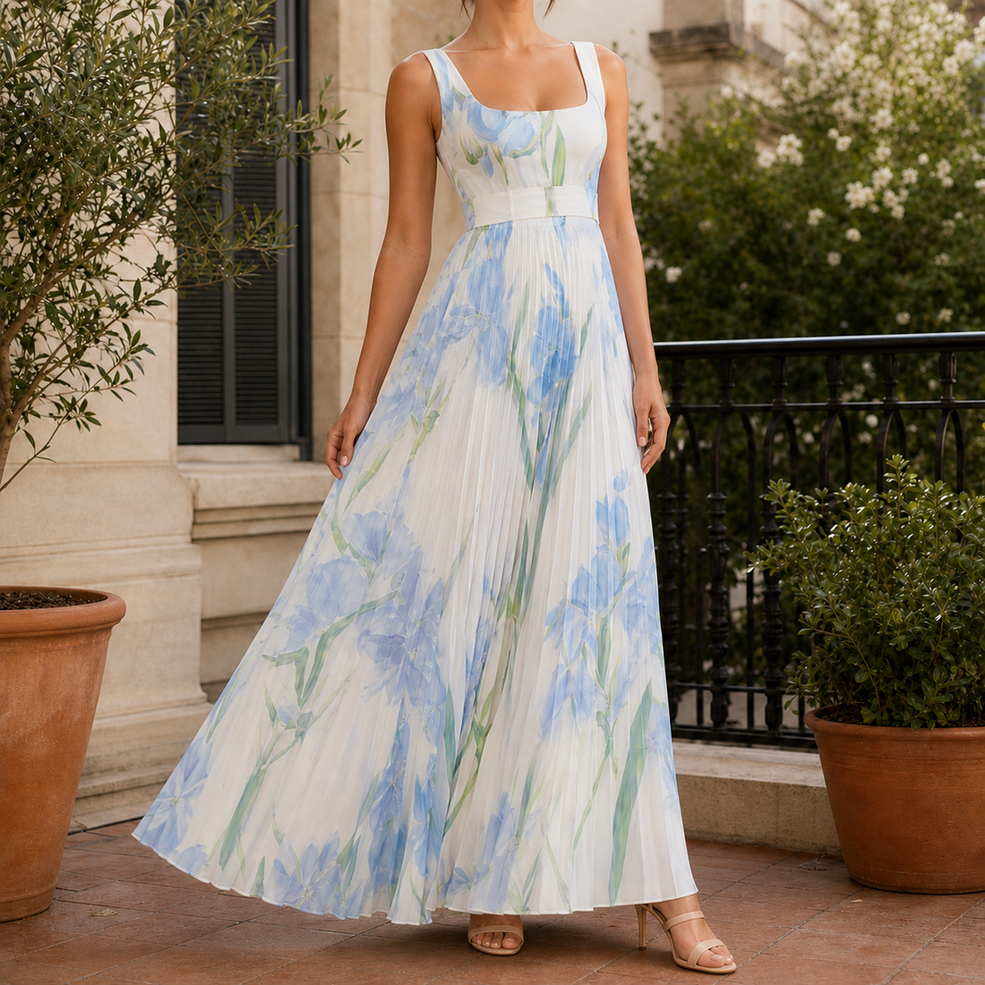 Orla-Grace Pleated Maxi Dress - White Blue