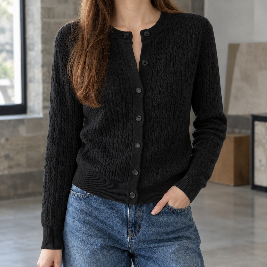 Emery Cable Knit Cardigan - Black
