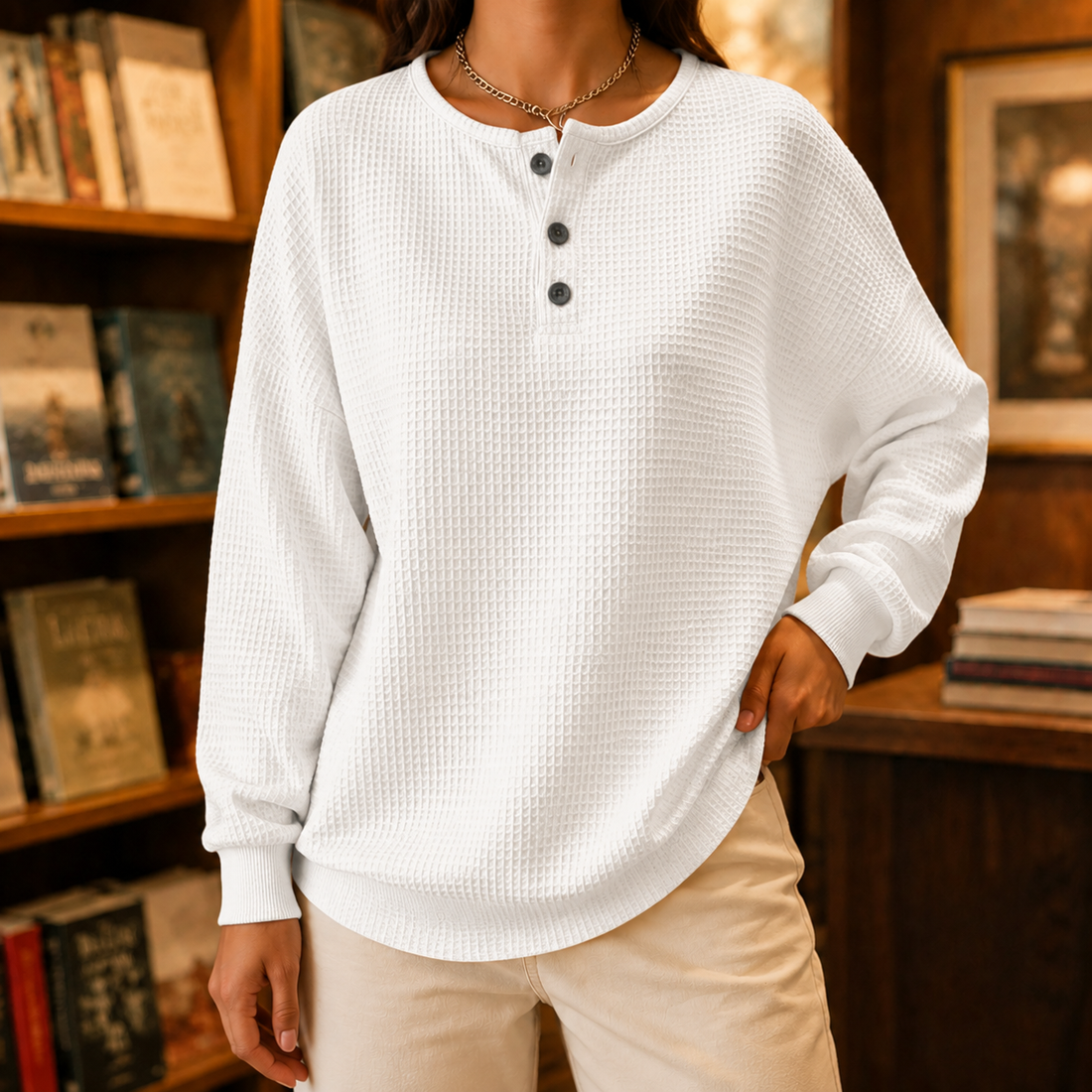 Nora Waffle Sweater - White