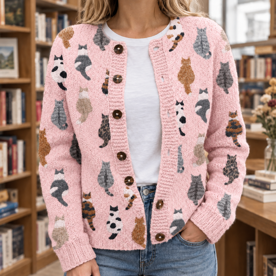 Mina-Grace Cat Print Cardigan - Pink