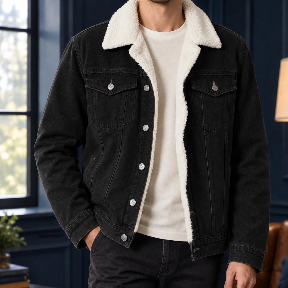 Colin Fleece-Lined Denim Jacket - Black