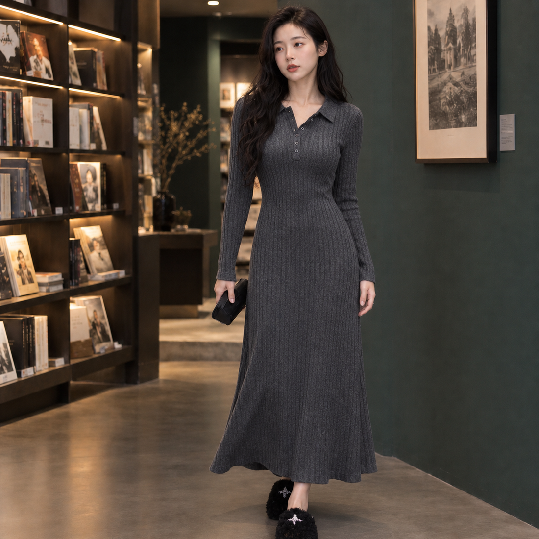 Astrid-Jade Ribbed Maxi Dress - Dark Gray
