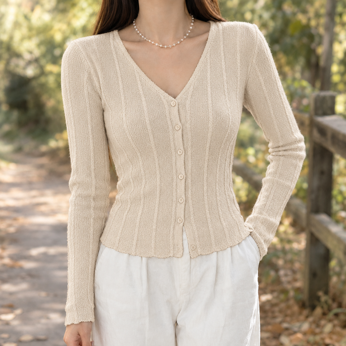 Elle-Pearl Ribbed Cardigan - Apricot