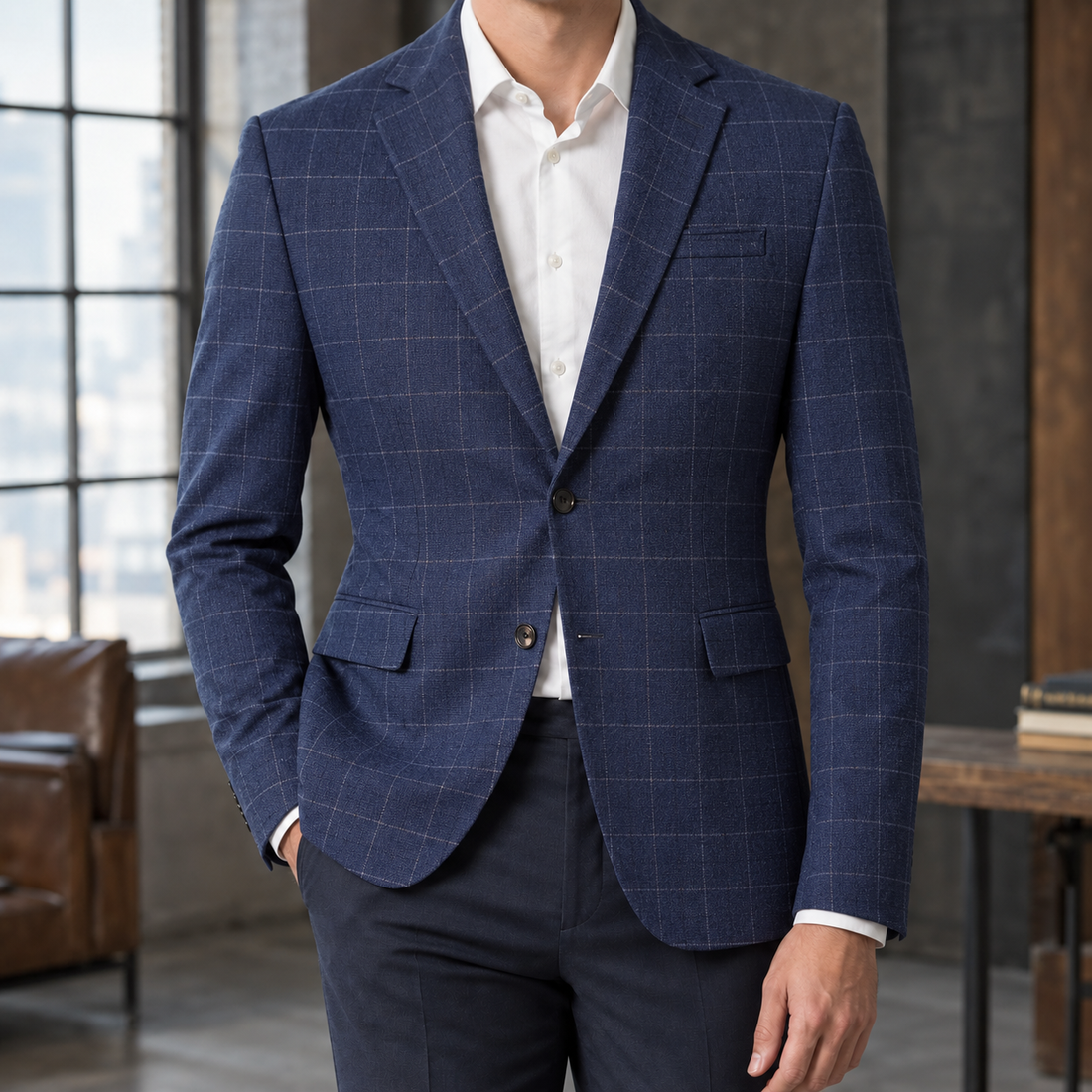 Owen Checked Blazer - Navy