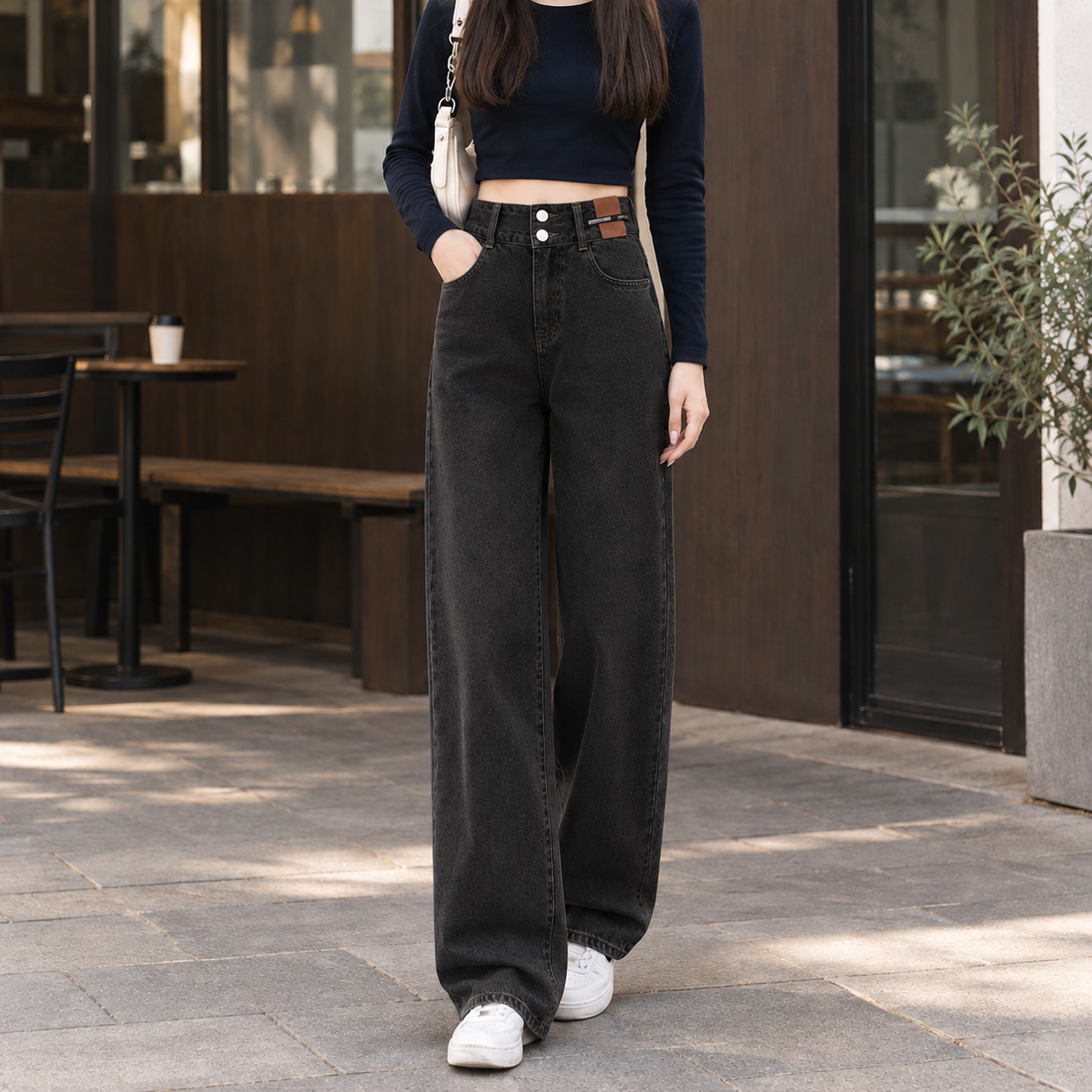 Fenna-Pearl Wide Leg Jeans - Black Gray