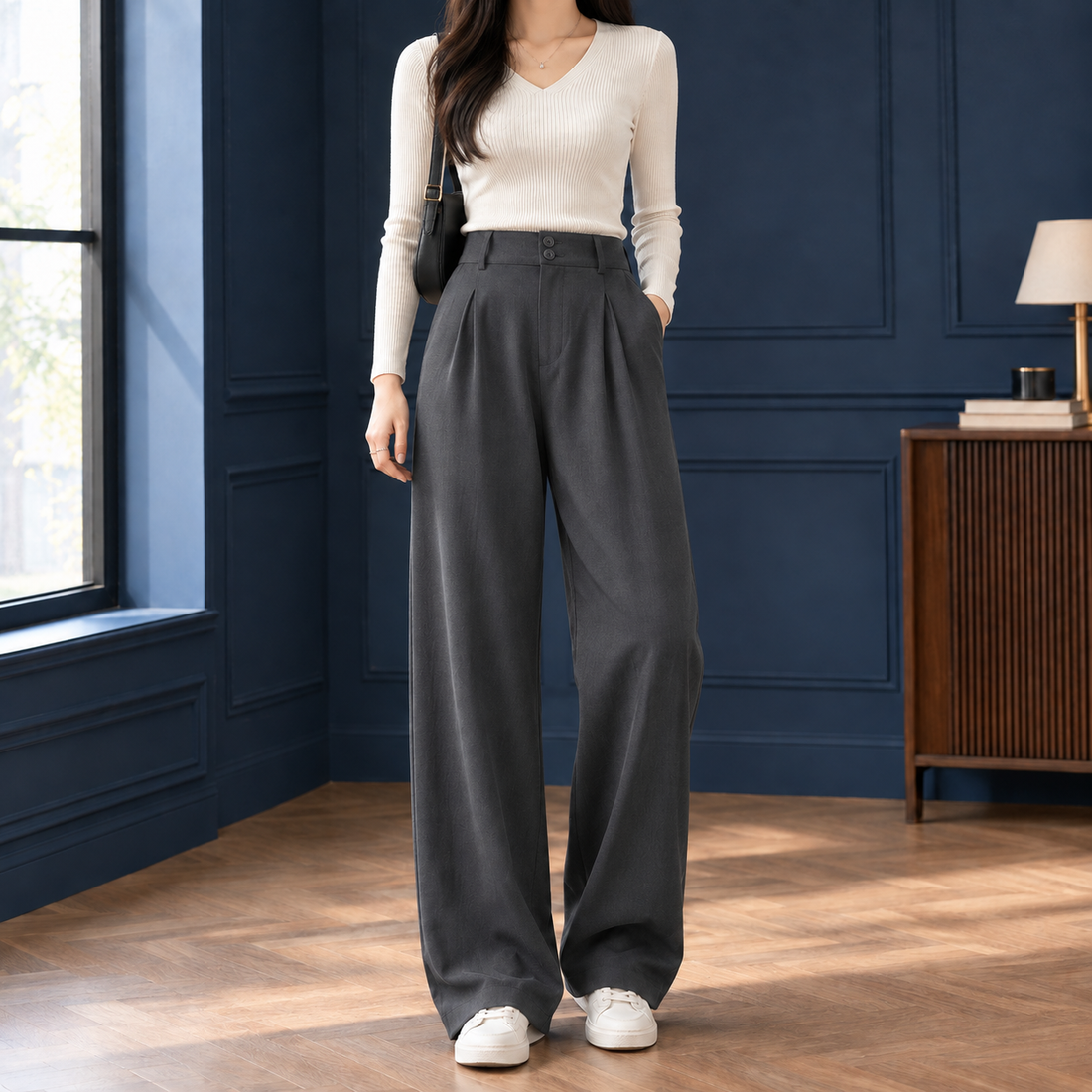 Pomeline-Grace Wide Leg Pants - Dark Gray