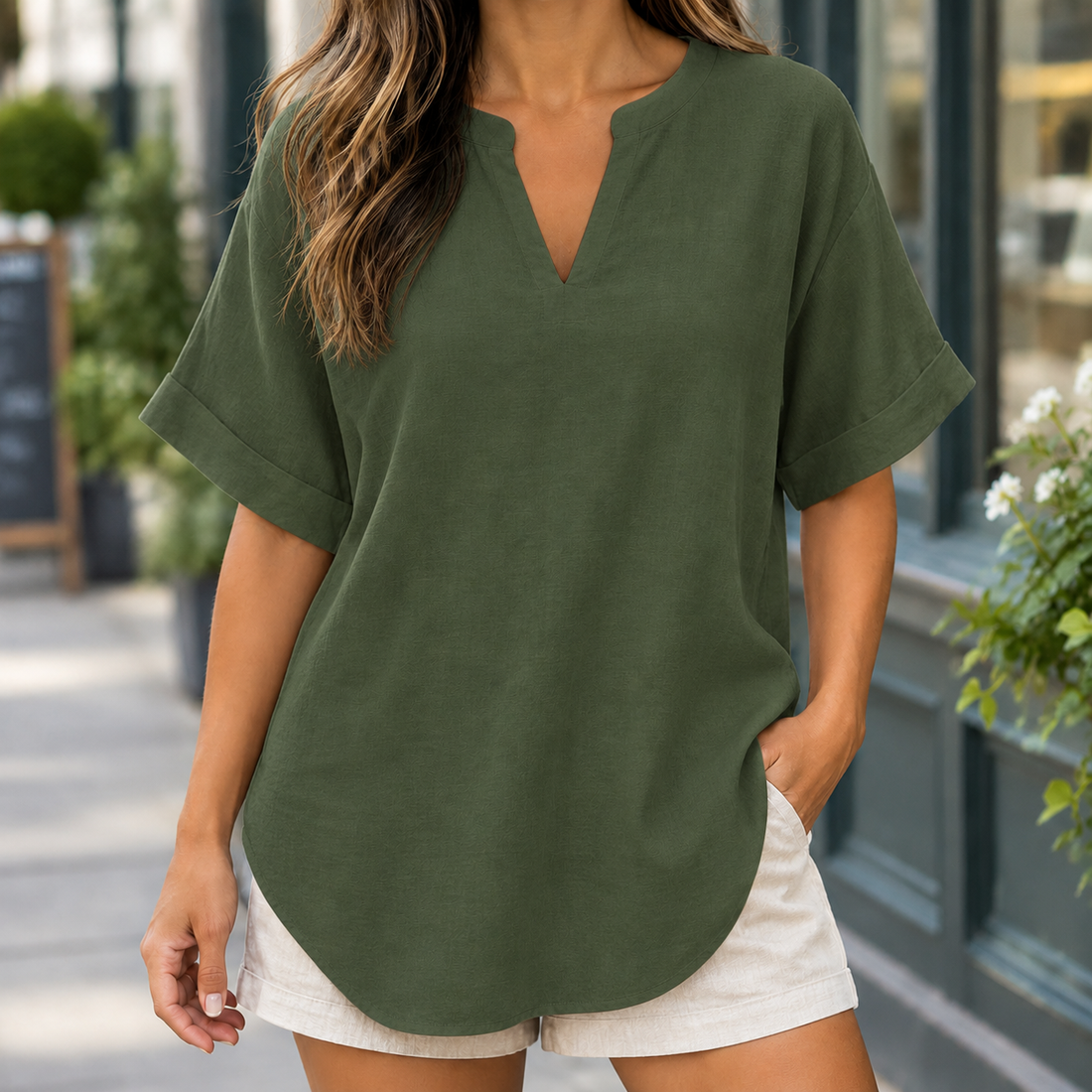 Candela Split Neck Top - Army Green