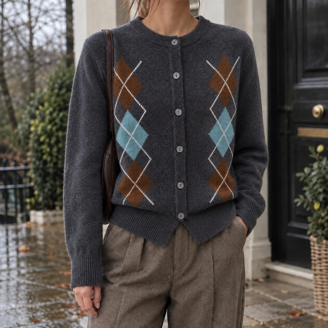 Valeria-Sage Argyle Cardigan - Dark Gray