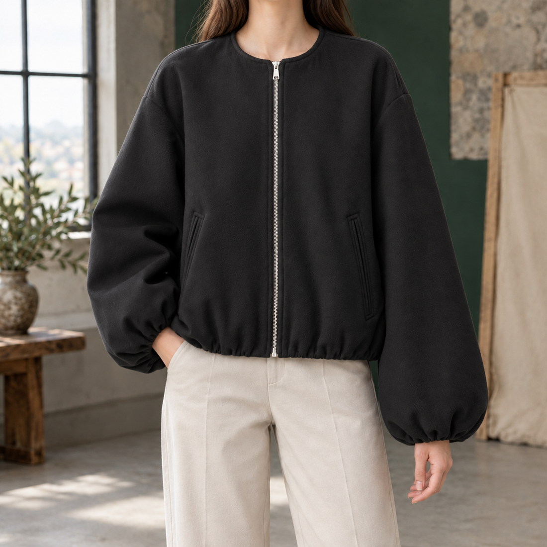 Rebecca Collarless Zip Jacket - Black
