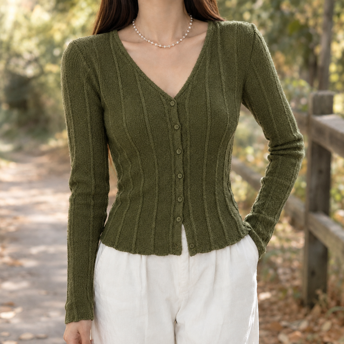 Elle-Pearl Ribbed Cardigan - Green