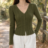 Elle-Pearl Ribbed Cardigan - Green