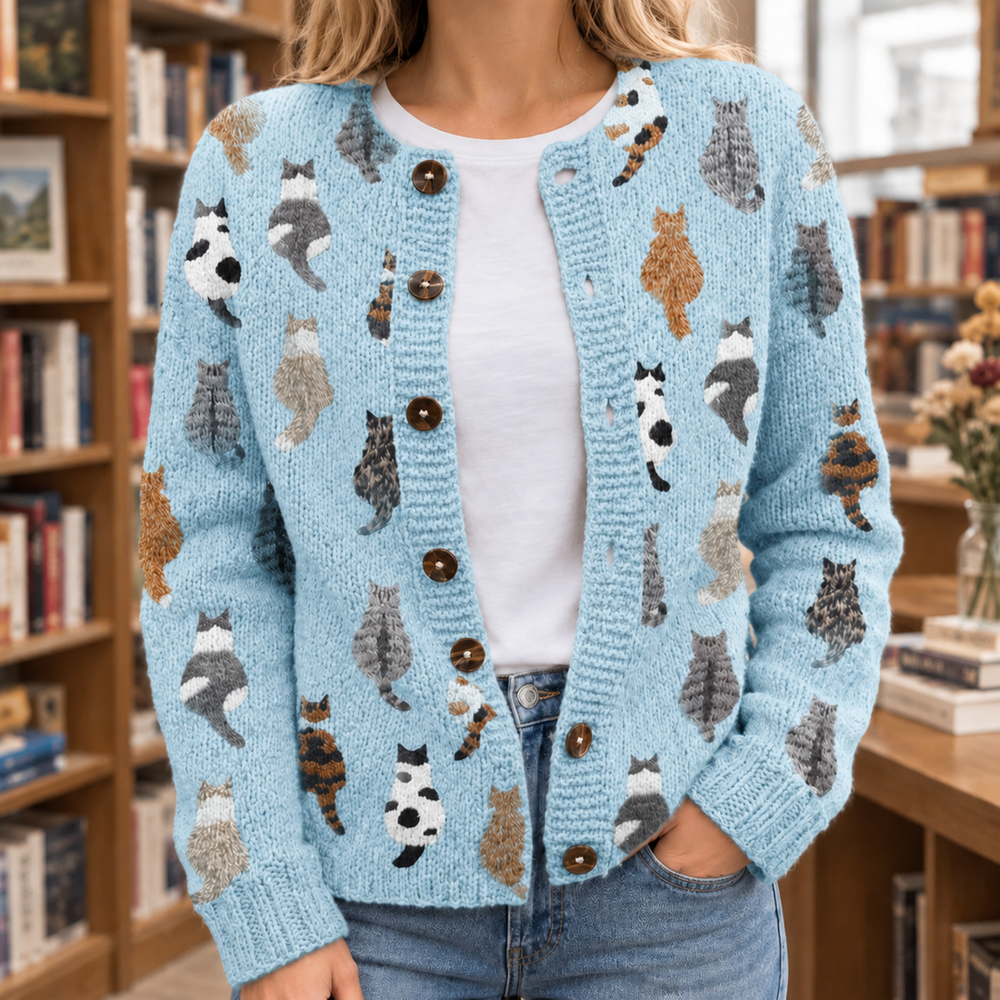 Mina-Grace Cat Print Cardigan - Blue