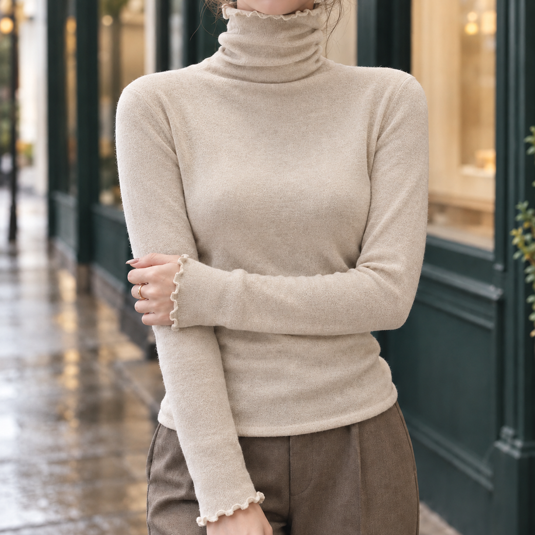 Cassidy-Faye Ruffle Turtleneck Top - Khaki