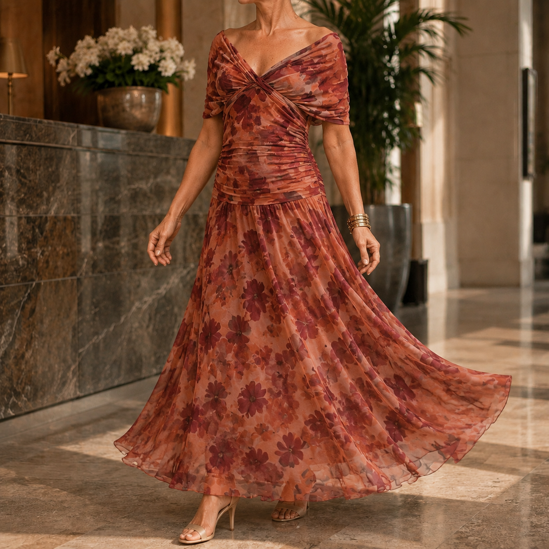 Valeria-Rose Draped Maxi Dress - Brick Red
