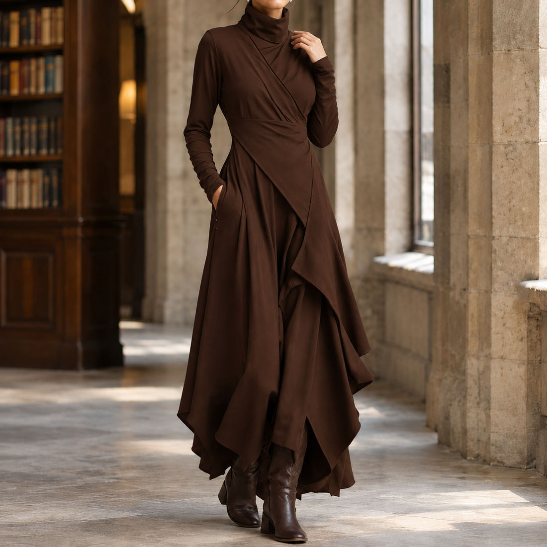 Pomeline Asymmetric Maxi Dress - Dark Brown