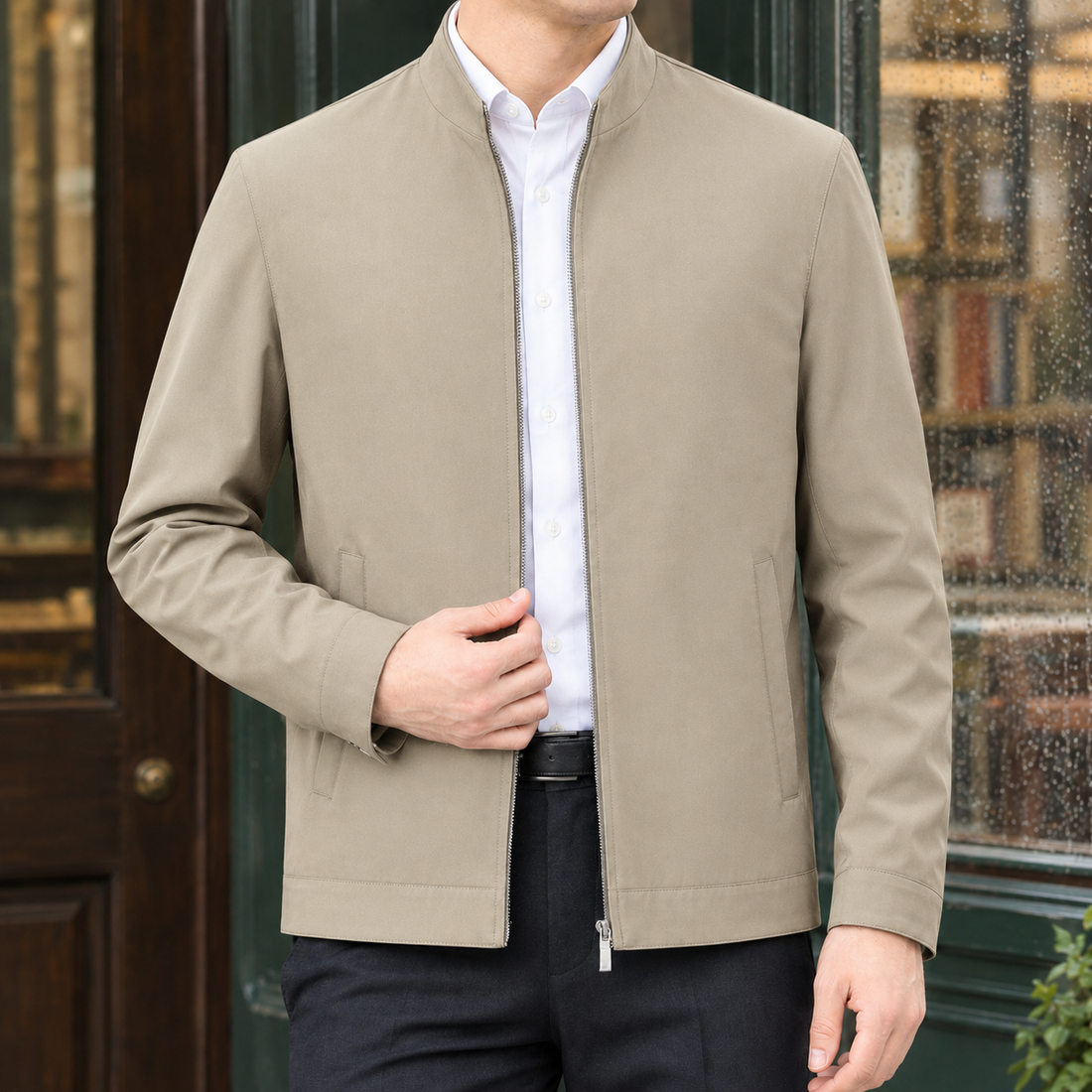 Stefan Silk Jacket - Khaki Stand Collar