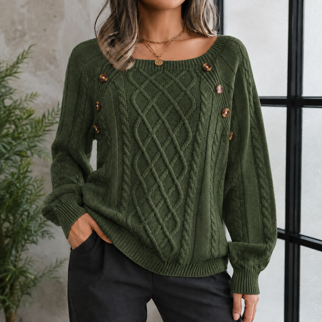 Abigail Cable Knit Sweater - Army Green