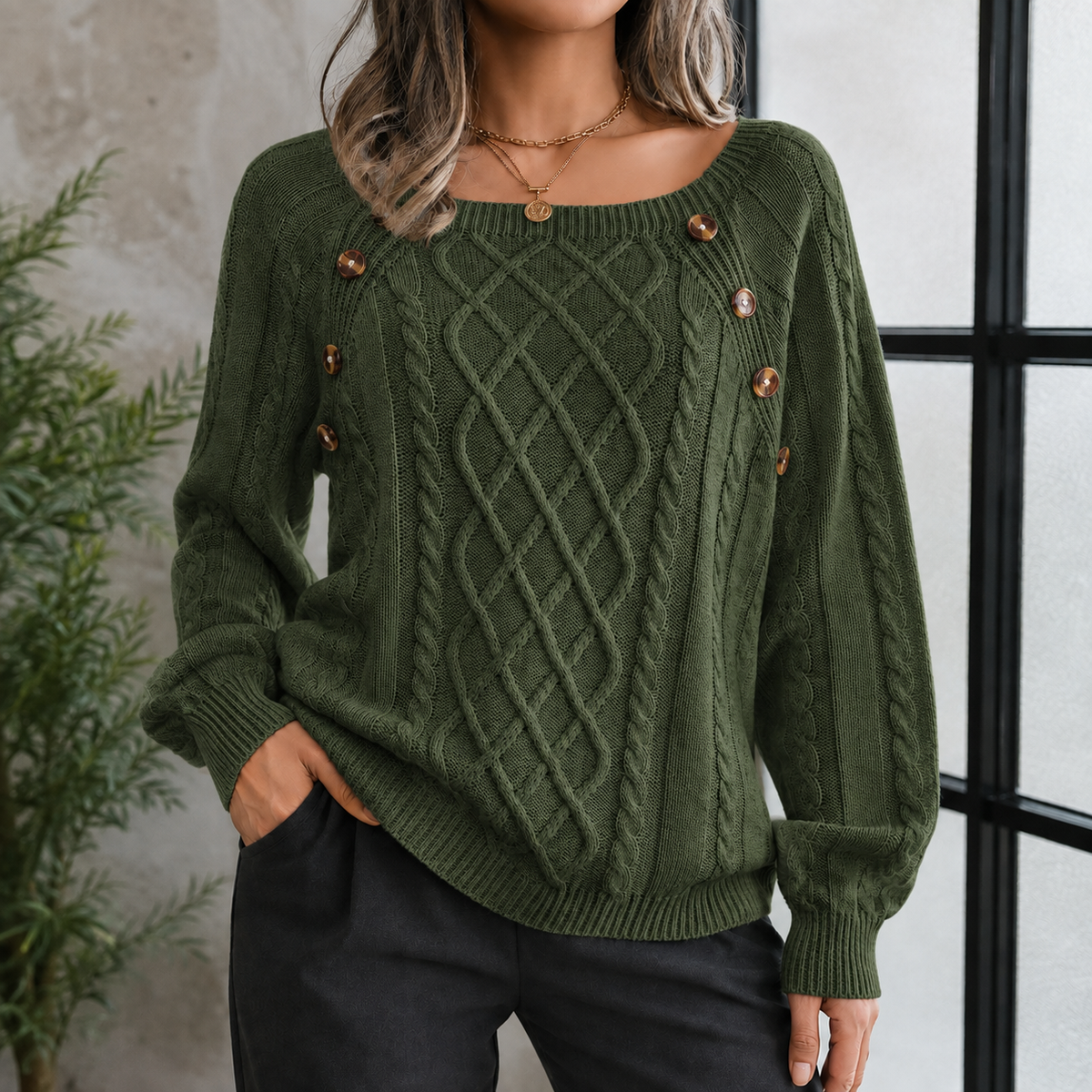 Abigail Cable Knit Sweater - Army Green
