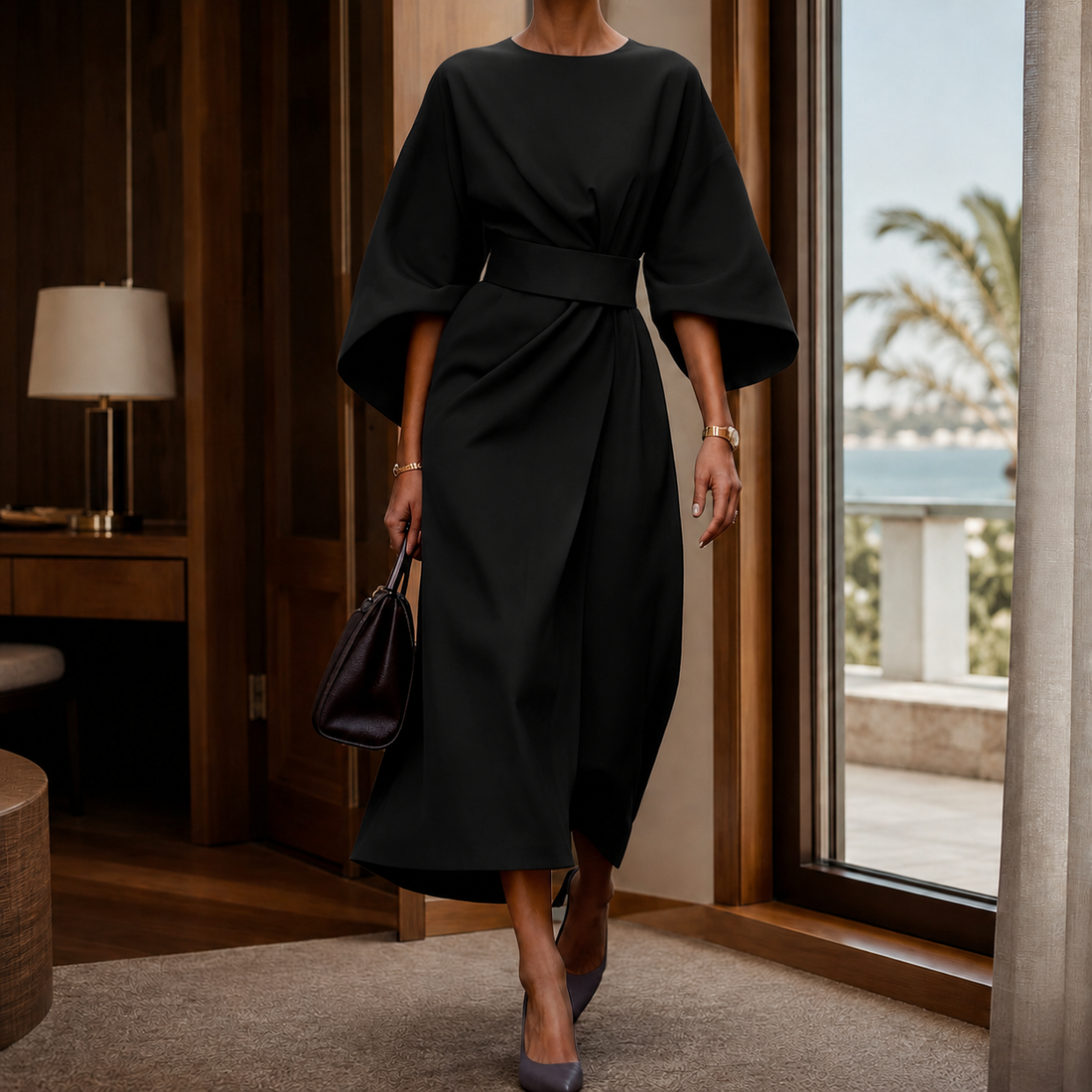 Astrid-Hope Belted Midi Dress - Black