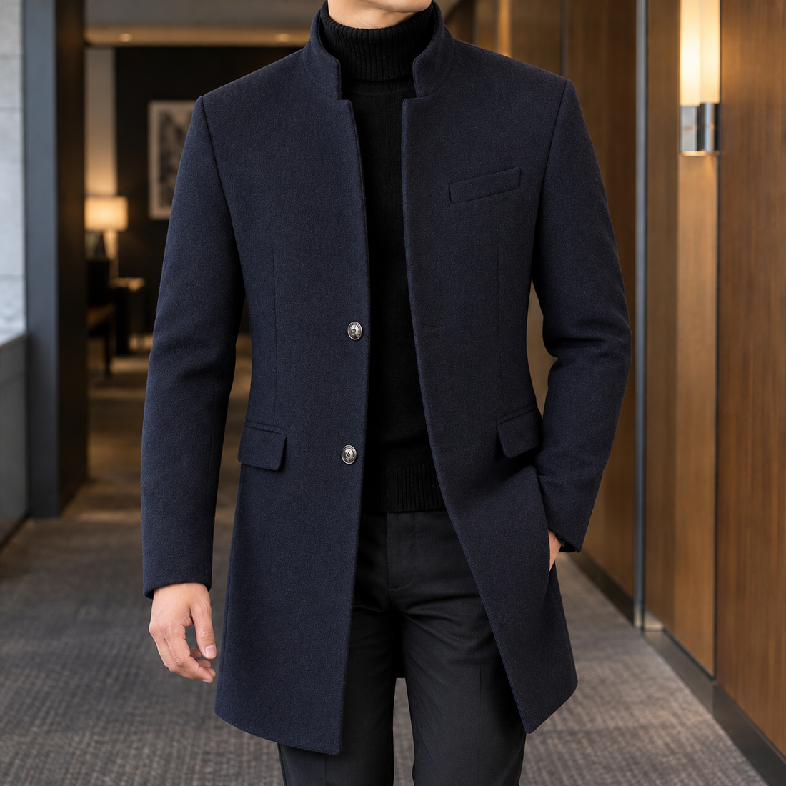 Harvey Stand Collar Overcoat - Navy Blue