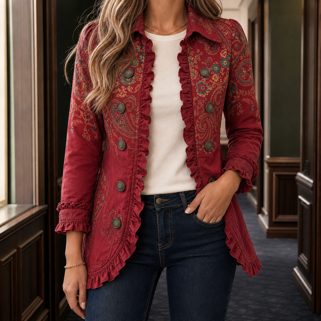 Sharon-Sage Ruffle Trim Jacket - Burgundy