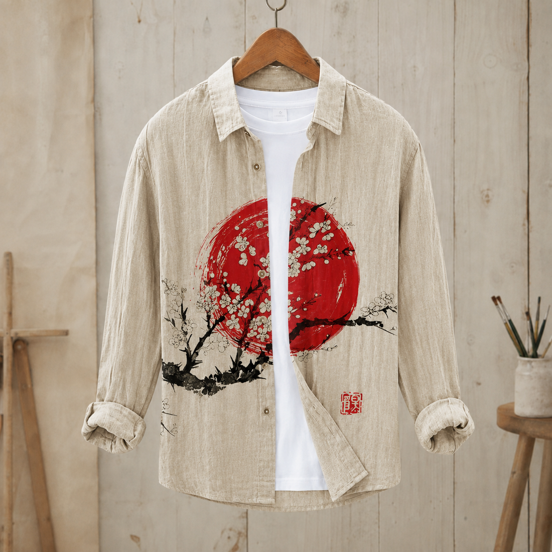 Knox Linen Shirt - Beige and Red Sun