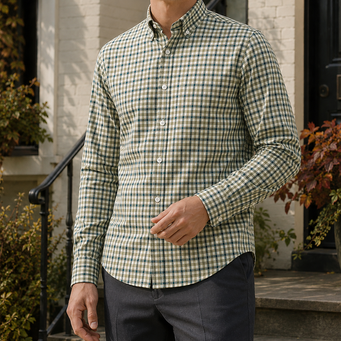 Forrester Button-Down Shirt - Olive Gingham