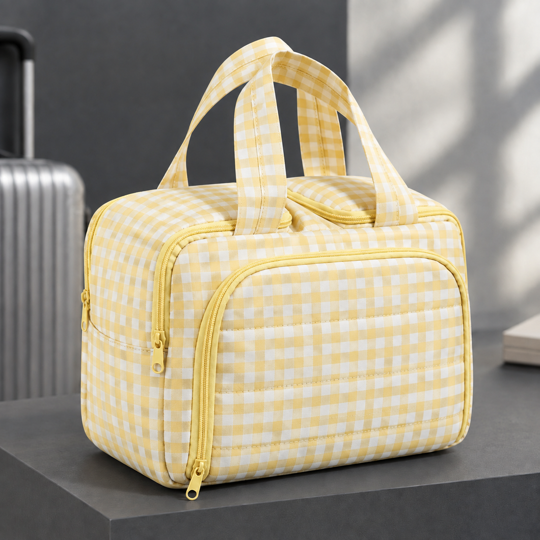 Vitale Double-Zip Cosmetic Bag - Yellow Checkered Double Opening Bag