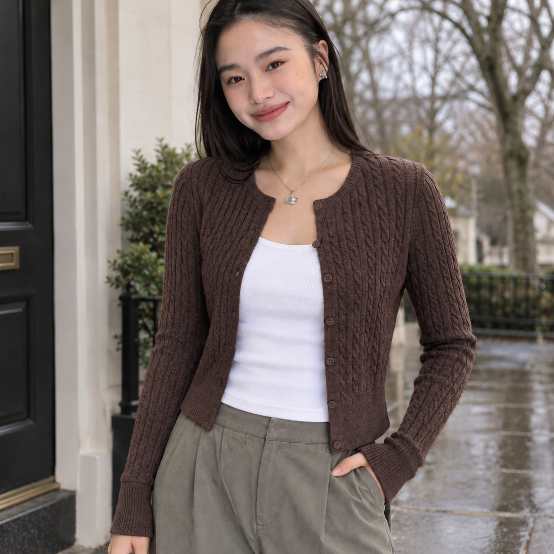 Gwendolen-Lane Cable Cardigan - Brown