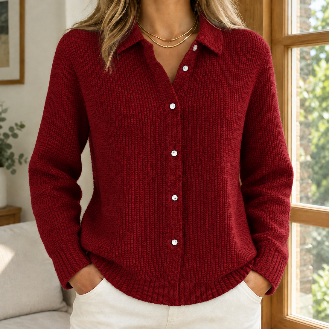 Sabina-Skye Collared Sweater - Red